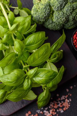 Çalı şeklinde taze fesleğen. Koyu beton arka planda evde yemek pişirmek için bir malzeme.