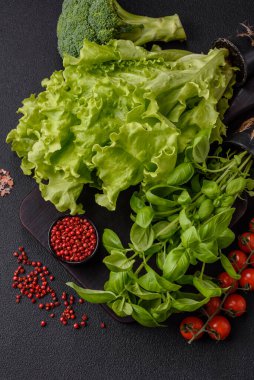 Çalı şeklinde taze fesleğen. Koyu beton arka planda evde yemek pişirmek için bir malzeme.