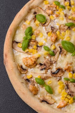 Mısırlı, peynirli, domatesli, mantarlı, tuzlu, baharatlı ve otlu lezzetli bir pizza.