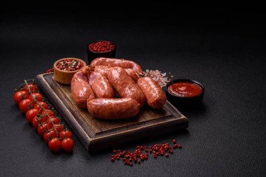 Koyu beton arka planda fırında tavuk ya da domuz sosisi, tuz, baharat ve otlar.