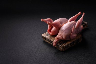 Tuzlu, baharatlı ve otlu tam çiğ bıldırcın. Koyu beton arka planda pişirmek için hazırlanmış.