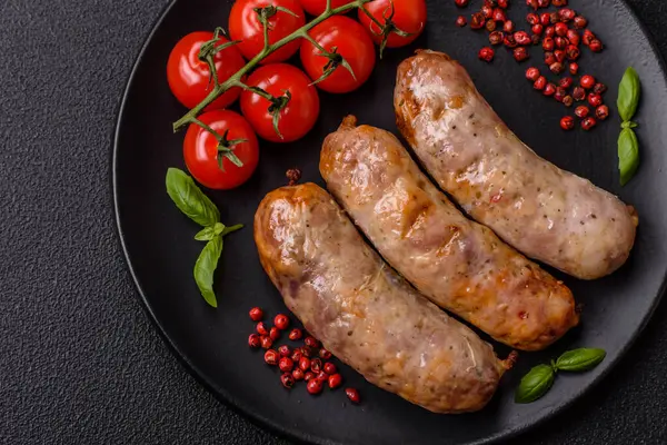 Koyu beton arka planda fırında tavuk ya da domuz sosisi, tuz, baharat ve otlar.
