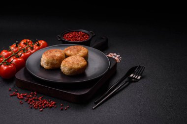 Lezzetli taze kıymalı balık pirzolası. Esmer arka planda baharatlar ve otlarla birlikte.