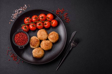 Lezzetli taze kıymalı balık pirzolası. Esmer arka planda baharatlar ve otlarla birlikte.