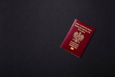 Koyu beton arka planda Polonya vatandaşının uluslararası pasaportu.