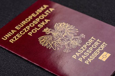 Koyu beton arka planda Polonya vatandaşının uluslararası pasaportu.