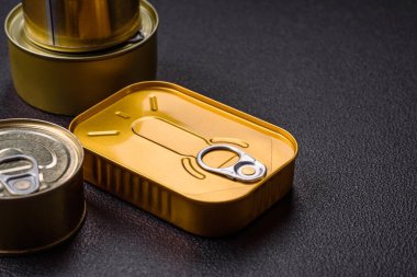 Konserve konserveli metal kutu ya da koyu beton arka planda açmak için anahtarı olan balık.