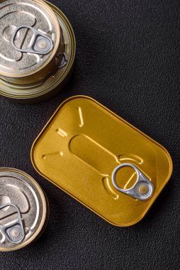 Konserve konserveli metal kutu ya da koyu beton arka planda açmak için anahtarı olan balık.