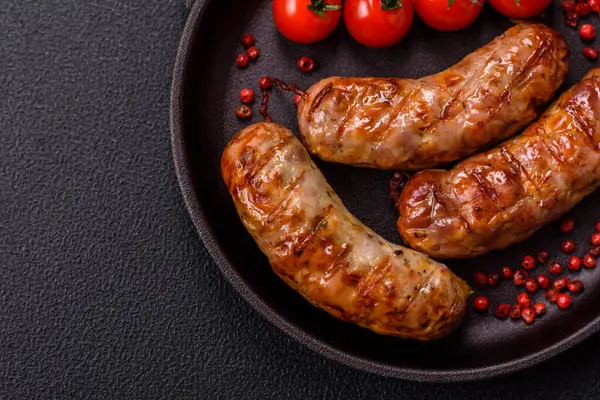 Koyu beton arka planda tuzlu, baharatlı ve otlu kızarmış domuz veya tavuk sosisi.
