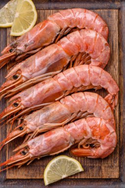 Kaplan karidesi ya da langoustine baharat ve tuzla kaynatılmış koyu beton arka planda