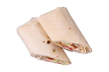 Lezzetli geleneksel shawarma ya da tavuk, marul, domates ve soslu kebap.