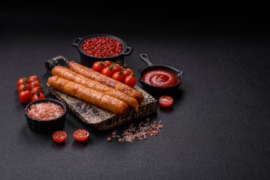 Koyu beton bir arka planda tuzlu, baharatlı ve otlu kızarmış biftek veya domuz sosisi.