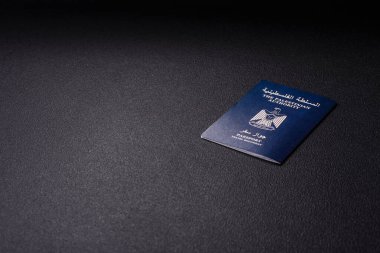 Filistin vatandaşının uluslararası pasaportu koyu beton arka planda, uluslararası seyahat