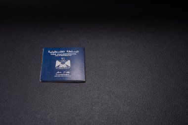 Filistin vatandaşının uluslararası pasaportu koyu beton arka planda, uluslararası seyahat