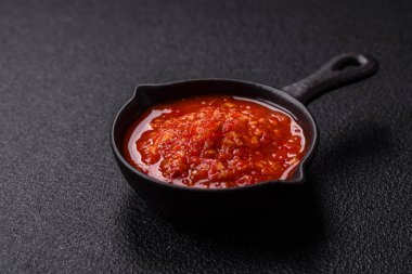 Lezzetli, acı kırmızı sos, tuz ve baharatlar seramik kasede koyu beton arka planda.