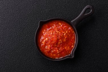 Lezzetli, acı kırmızı sos, tuz ve baharatlar seramik kasede koyu beton arka planda.