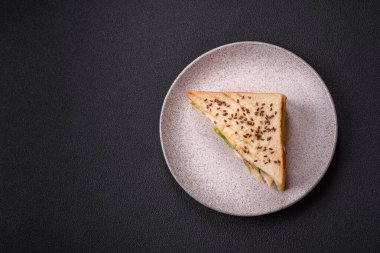 Ekmek, et, domates, peynir, sos, tuz ve baharatlı sandviç.