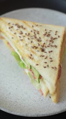 Ekmek, et, domates, peynir, sos, tuz ve baharatlı sandviç.