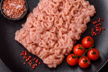 Taze çiğ tavuk kıyması. Tuz, baharat ve çimento kaplı çimento.