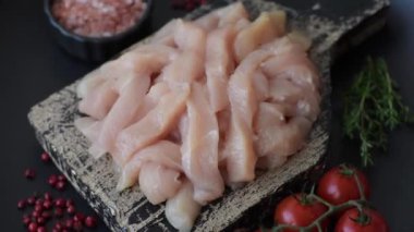 Çiğ tavuk filetosu, ahşap bir kesim tahtasının üzerinde baharat ve otlarla dilimlenmiş.