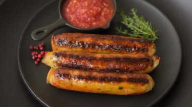 Koyu beton arka planda tuz, baharat ve otlu tavuk veya domuz sosisi.