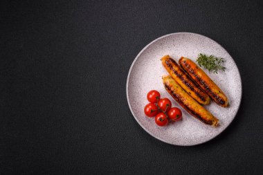 Koyu beton arka planda tuz, baharat ve otlu tavuk veya domuz sosisi.