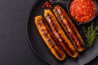 Koyu beton arka planda tuz, baharat ve otlu tavuk veya domuz sosisi.