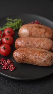 Koyu beton arka planda ızgarada pişirilmiş tuzlu, baharatlı ve otlu tavuk veya domuz sosisi.