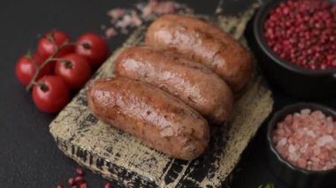Koyu beton arka planda ızgarada pişirilmiş tuzlu, baharatlı ve otlu tavuk veya domuz sosisi.
