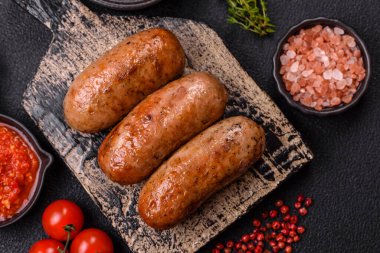 Koyu beton arka planda ızgarada pişirilmiş tuzlu, baharatlı ve otlu tavuk veya domuz sosisi.