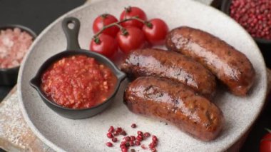 Tuzlu, baharatlı ve otlu sulu sosisler koyu beton arka planda kızartılıyor.
