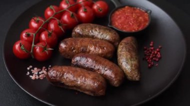 Tuzlu, baharatlı ve otlu sulu sosisler koyu beton arka planda kızartılıyor.
