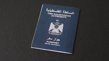 Filistin vatandaşının uluslararası pasaportu koyu beton arka planda, uluslararası seyahat