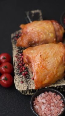 Koyu beton arka planda tuz, baharat ve otlarla kızartılmış tavuk butları.