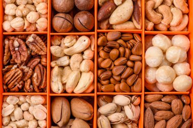 Çeşitli fıstıklı kutu, kaju, macadamia, fıstık, sedir, ceviz, ceviz, Brezilya cevizi, koyu dokulu fındık.