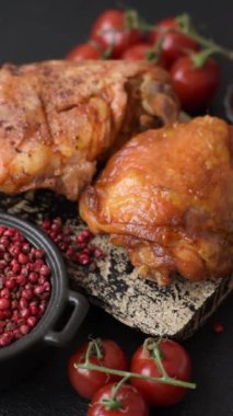 Tuz, baharat ve otlarla pişirilmiş lezzetli sulu tavuk butları koyu beton arka planda seramik bir tabakta.