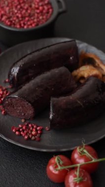 Lezzetli siyah kan sosisi veya siyah beton arka planda ızgara baharat ve otlu kara puding.