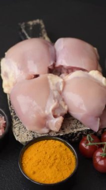 Taze çiğ tavuk filetosu. Tuzlu, baharatlı ve çimento kaplı.