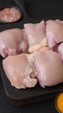 Taze çiğ tavuk filetosu. Tuzlu, baharatlı ve çimento kaplı.