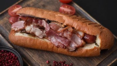 Sosisli, pastırmalı, soslu, tuzlu ve baharatlı lezzetli sosisli.