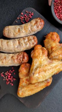 Koyu beton arka planda tuzlu ve baharatlı ızgara tavuk kanadı.