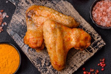 Koyu beton arka planda tuzlu ve baharatlı ızgara tavuk kanadı.