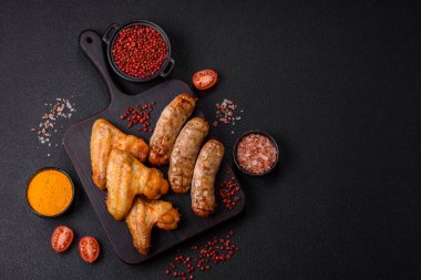 Koyu beton arka planda tuzlu ve baharatlı ızgara tavuk kanadı.