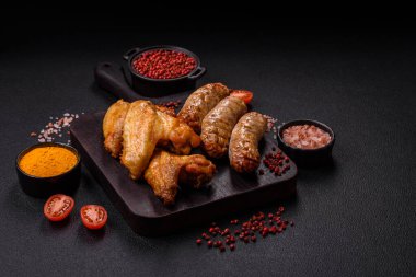 Koyu beton arka planda tuzlu ve baharatlı ızgara tavuk kanadı.