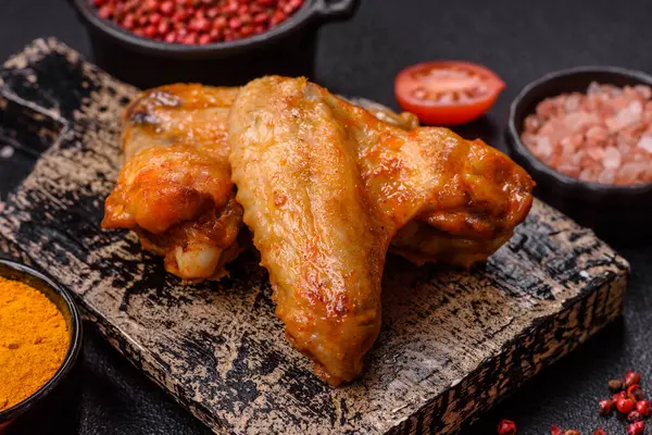 Koyu beton arka planda tuzlu ve baharatlı ızgara tavuk kanadı.