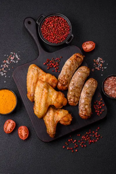 Koyu beton arka planda tuzlu ve baharatlı ızgara tavuk kanadı.