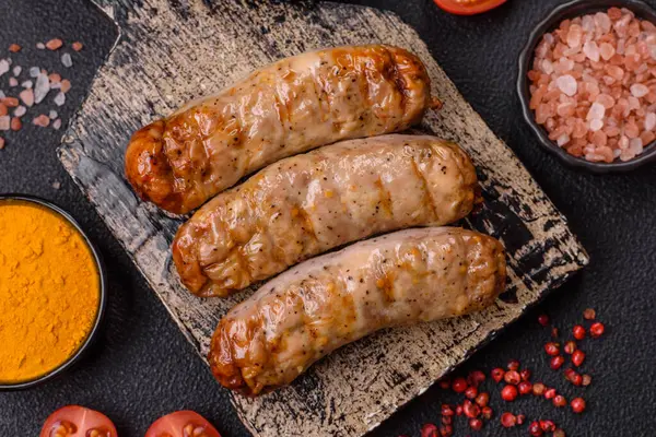 Koyu beton bir arka planda ızgarada tuzlu ve baharatlı sulu tavuk ya da domuz sosisi.
