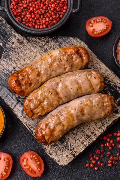 Koyu beton bir arka planda ızgarada tuzlu ve baharatlı sulu tavuk ya da domuz sosisi.