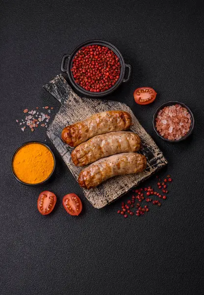 Koyu beton bir arka planda ızgarada tuzlu ve baharatlı sulu tavuk ya da domuz sosisi.