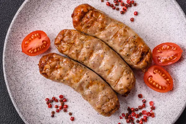 Koyu beton bir arka planda ızgarada tuzlu ve baharatlı sulu tavuk ya da domuz sosisi.